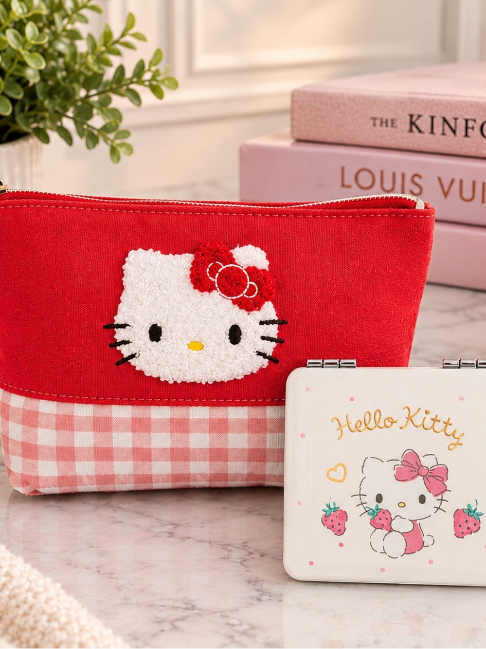 SANRIO Hello Kitty Chenille Gingham Zipper Pouch AND Compact Mirror Set NIP❤️🤍❤️
